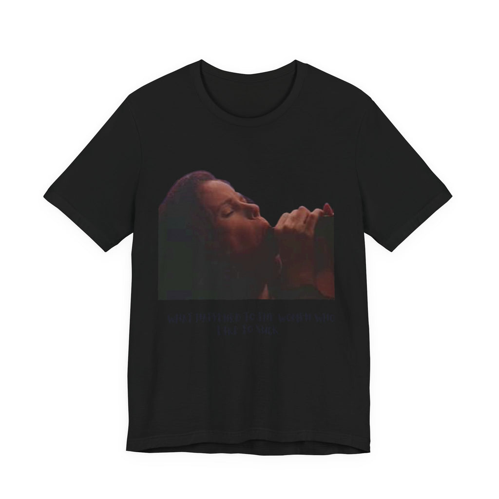 T‑Shirt — Vintage Moody Photo Tee with 'What I Happen to Be Nice to Suck' Text