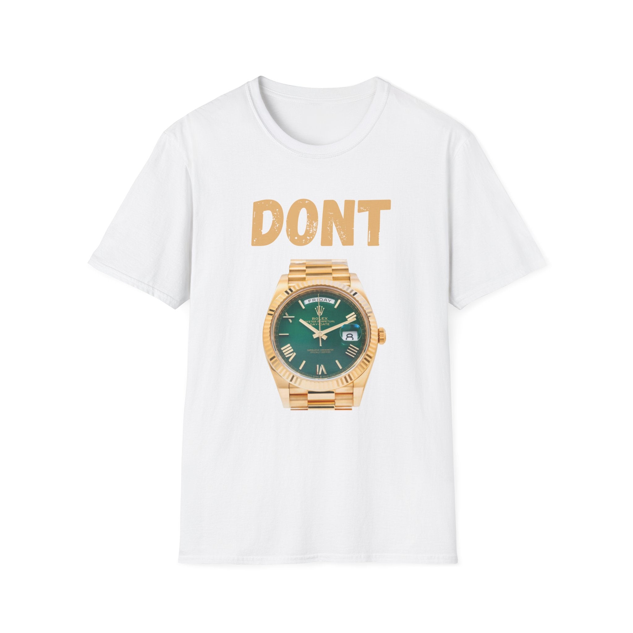Don't Watch Face — Graphic T‑Shirt with Gold Watch Design