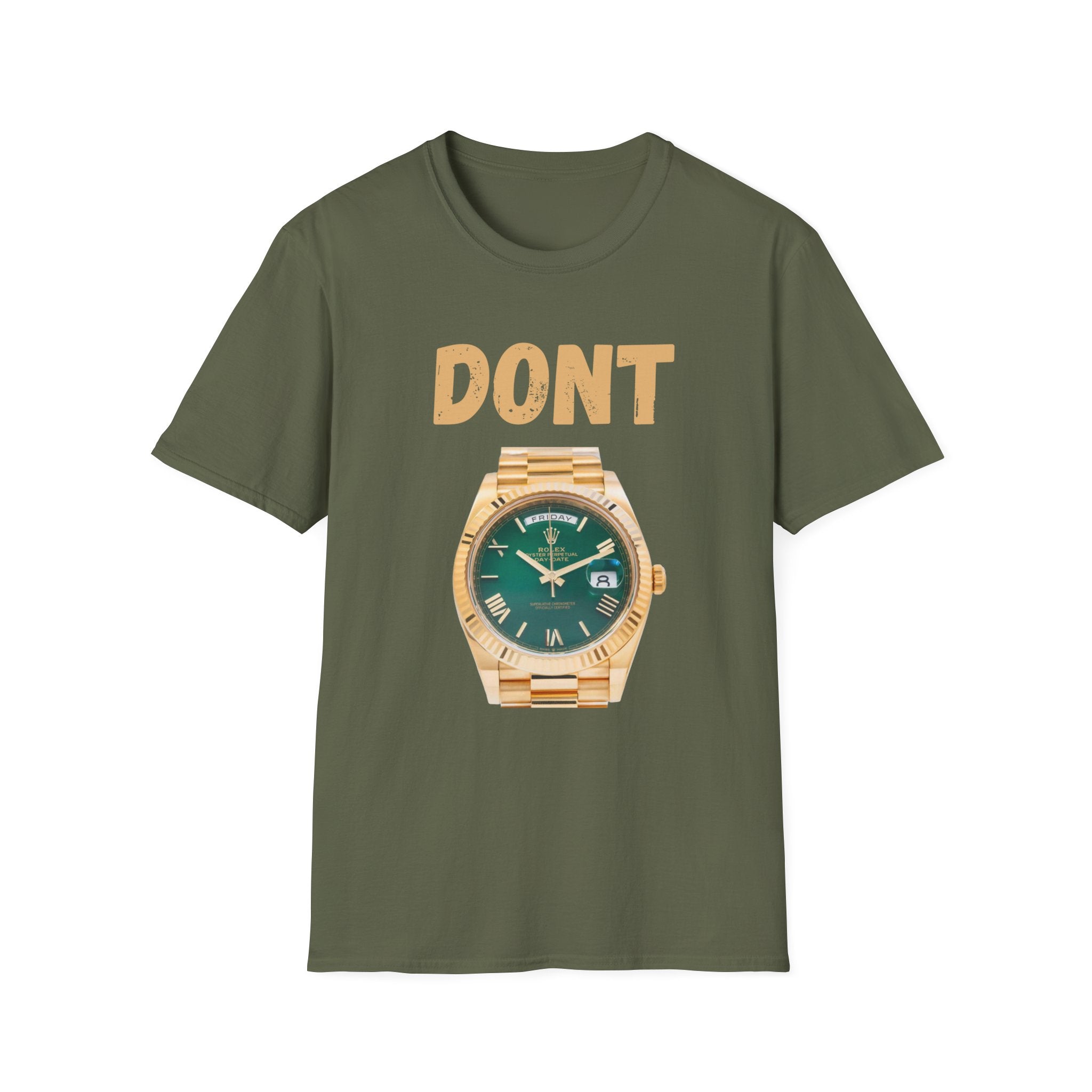 Don't Watch Face — Graphic T‑Shirt with Gold Watch Design